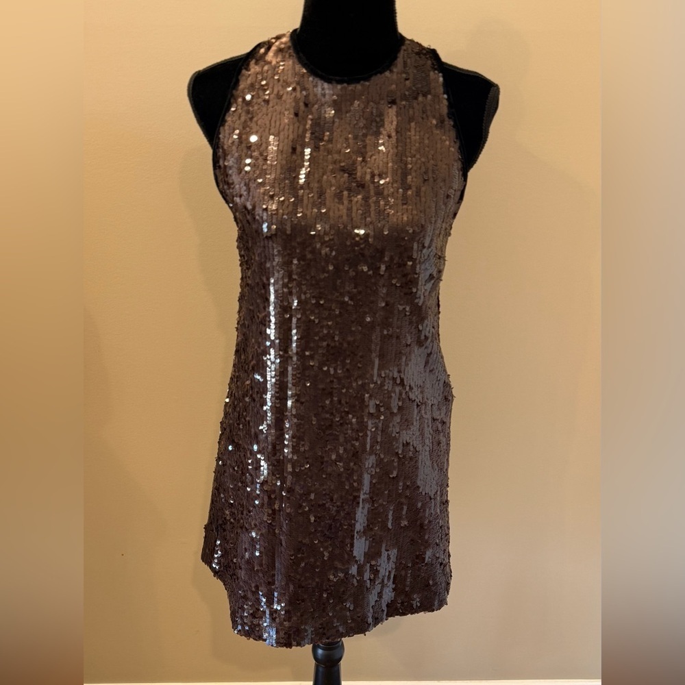 Women’s ZARA Limited Edition chocolate brown sequin shift dress- Size Small